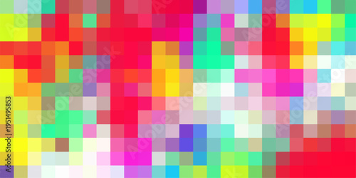 Pixelated abstract mosaic background with vibrant blocks of color in pink red yellow green and blue creating a retro digital art style for graphic design and creative applications