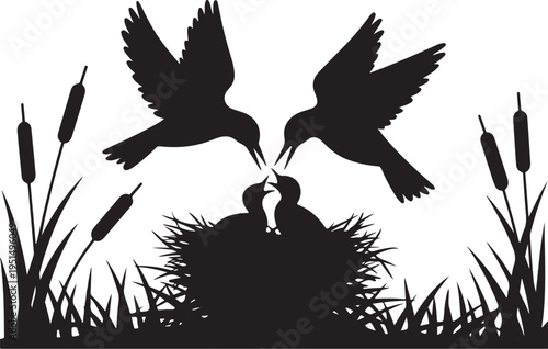 Birds feeding chicks in nest with cattails grass