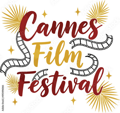 Cannes Film Festival Celebration Concept with Gold Palm Leaves and Cinema Film Strip Elements on White Background