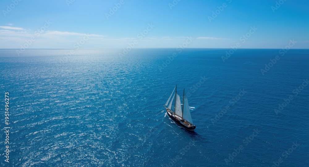 Obraz premium Sailing ship observed from drone aerial shot over vast ocean