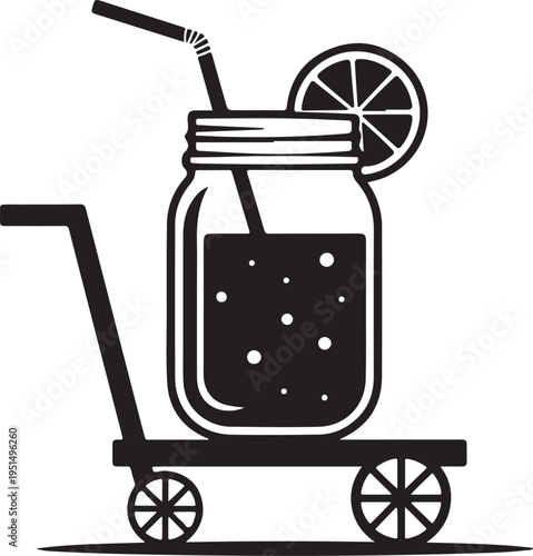 Black and white of a mason jar on a cart with a straw and lemon
