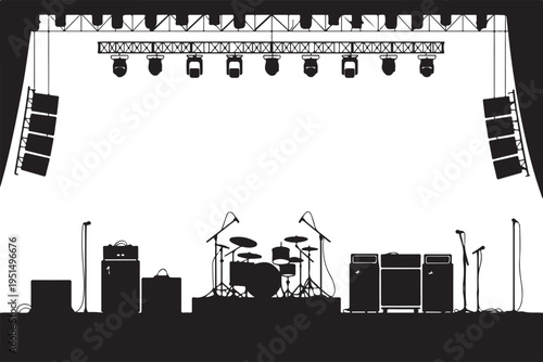 Black and white stage setup with musical instruments and lighting