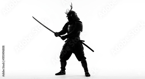 Full Body Silhouette of a Japanese Samurai Warrior in Traditional Armor Holding a Katana Sword Isolated on White Background
