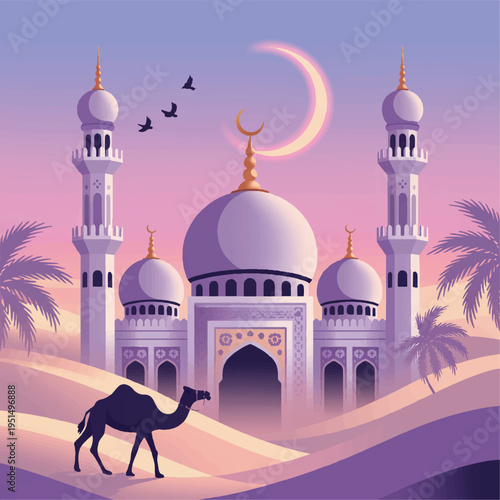 Grand mosque with minarets and dome in desert landscape under a crescent moon and twilight sky with sand dunes with middle east