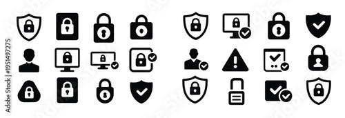 Security icons with locks, shields, and checkmarks representing data protection and access control