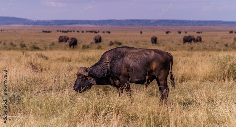 Obraz premium Majestic African buffalo detecting odors across an expansive plain