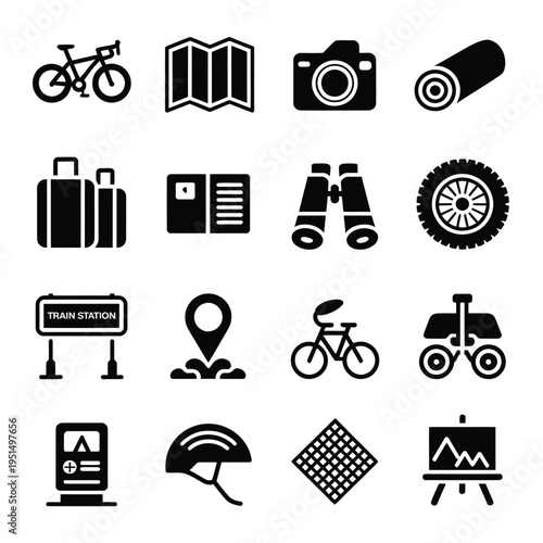 Black silhouette icons depicting travel recreation and transportation elements