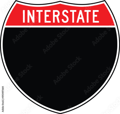 Interstate highway sign with bold red text on a black background silhouette