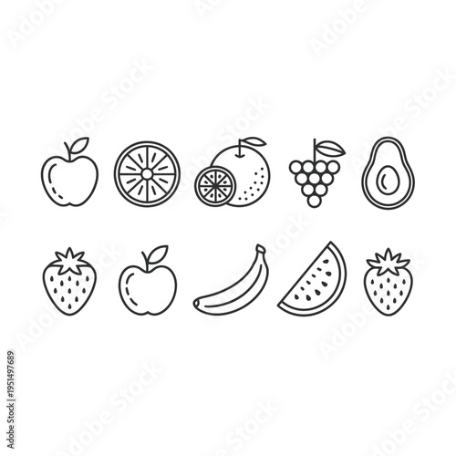 Line art illustration depicting various fruits including apples oranges and berries