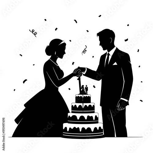 Bride and groom cutting wedding cake.