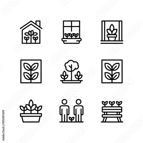 Line art icons depicting houseplants gardening and people with plants