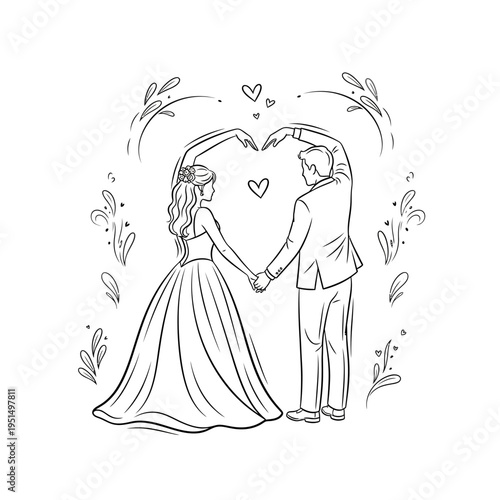 Bride and groom holding hands heart.