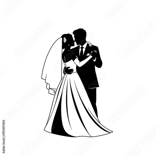 Bride and groom in wedding attire.