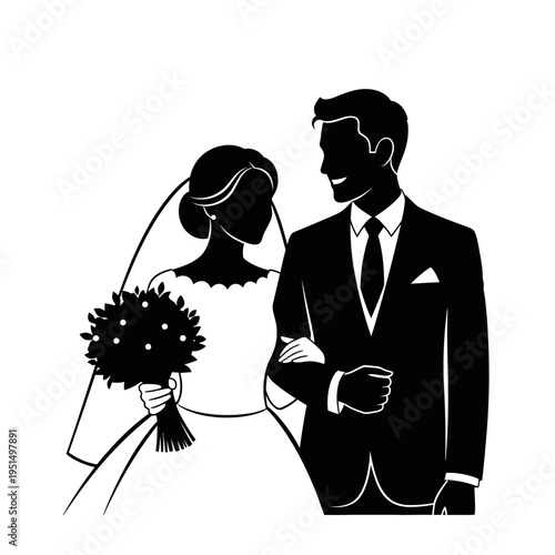 Bride and groom in wedding attire.