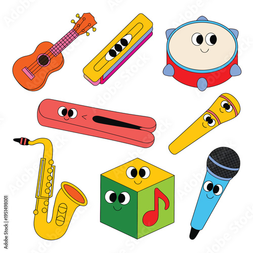 Colorful cartoon musical instruments and a music cube with smiling faces