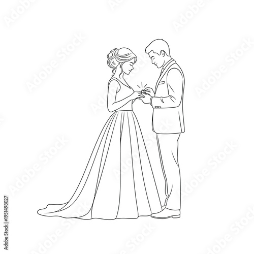 Bride and groom putting on rings.