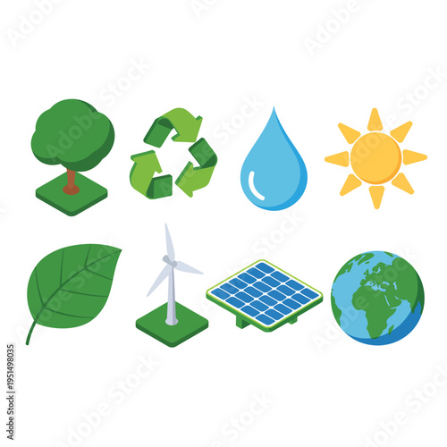 Isometric icons representing renewable energy sources and environmental elements
