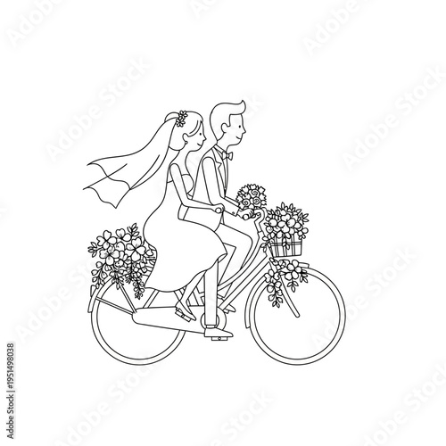 Bride and groom on bicycle together.