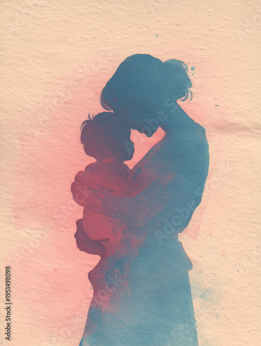 Watercolor silhouette of mother holding baby tender motherhood love and family bonding concept illustration for parenting themes, greeting cards and emotional storytelling	
