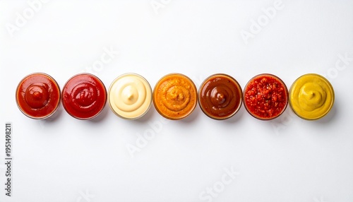 Assorted dipping sauces lineup in small bowls isolated on white background, colorful condiments collection, top view food photography with ketchup mustard mayo chili barbecue dips