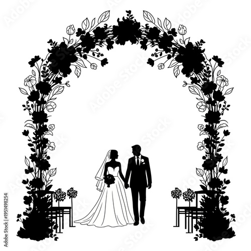 Bride and groom standing under archway.