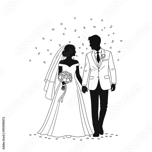 Bride and groom walking together happily.