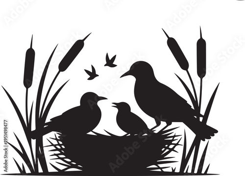 Black silhouette birds in nest with cattails and grass