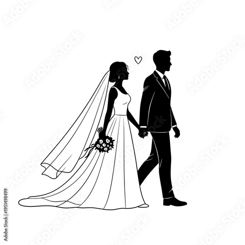 Bride and groom walking together happily.
