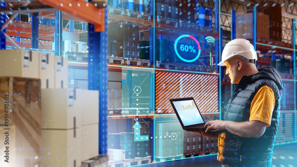 © Grispb - Smart warehouse, logistics technology. Worker with laptop monitors digital inventory dashboard among shelves, tracking stock levels, automation data, IoT sensors, or supply chain analytics.