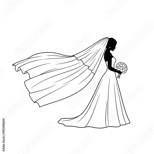 Bride in wedding dress silhouette profile.