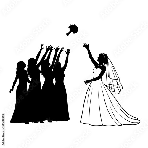 Bride throwing bouquet to friends.