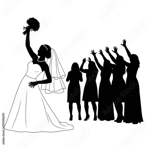 Bride with bouquet and female friends.