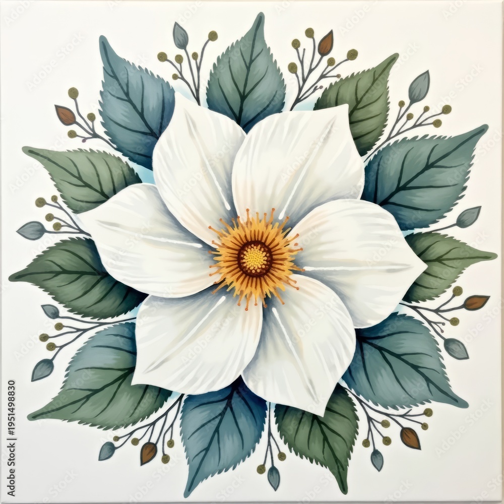 Fototapeta premium Isolated macro illustration of a beautiful white lily and blooming chamomile flower with yellow pollen and delicate petals on a spring garden nature background