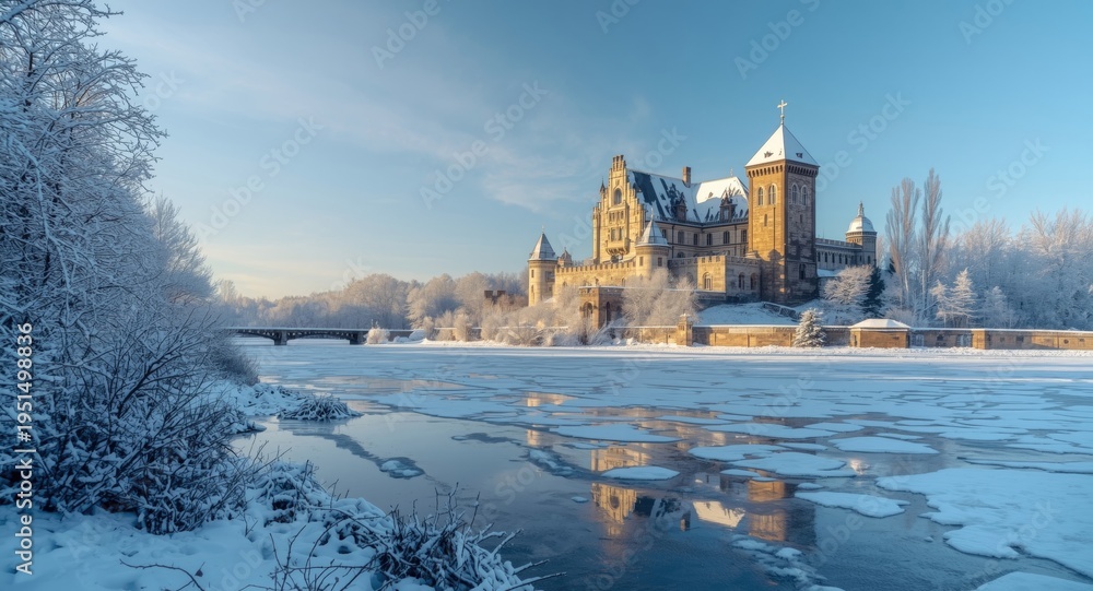 Fototapeta premium Icy winter landscape highlighting a centuries old castle