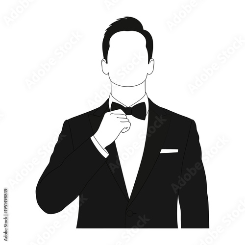 Man in Tuxedo Adjusting Bowtie.