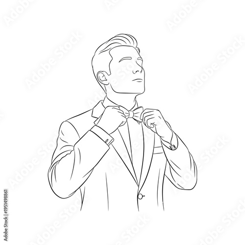 Man in suit adjusting his bowtie.