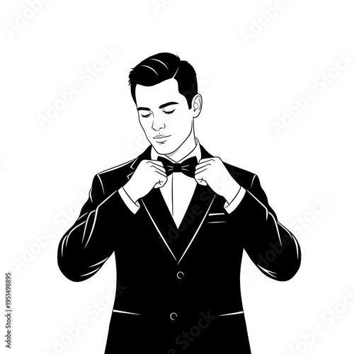 Man in Tuxedo Adjusting Bowtie.