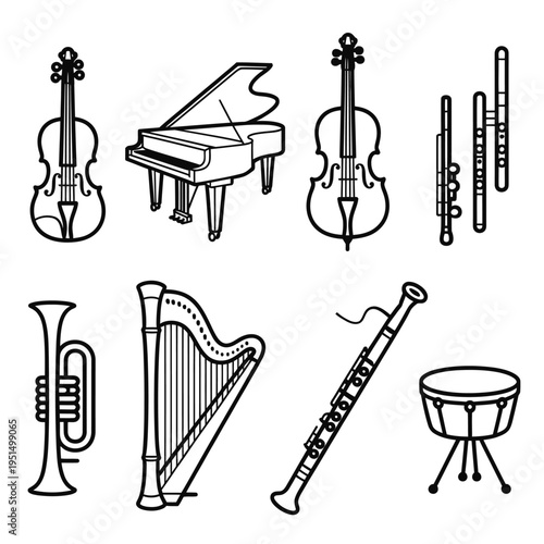 Collection of musical instruments in a simple black and white style