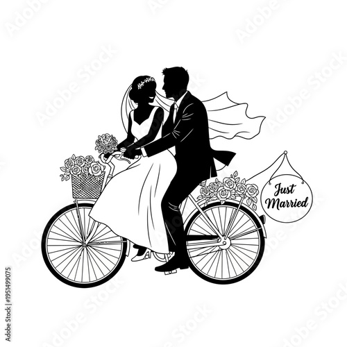 Newlywed couple riding bicycle together.