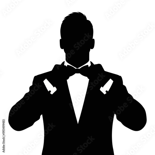 Silhouette of man in tuxedo adjusting bow tie.