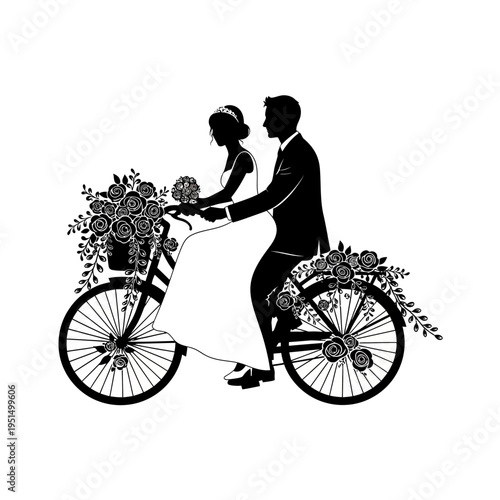 Silhouette of romantic couple riding bicycle.