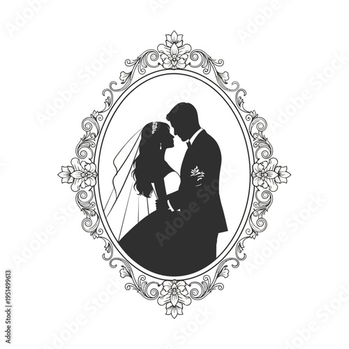 Silhouette of romantic wedding couple.