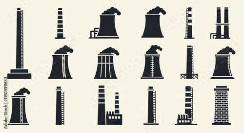 Silhouette Collection of Industrial Chimneys and Cooling Towers.