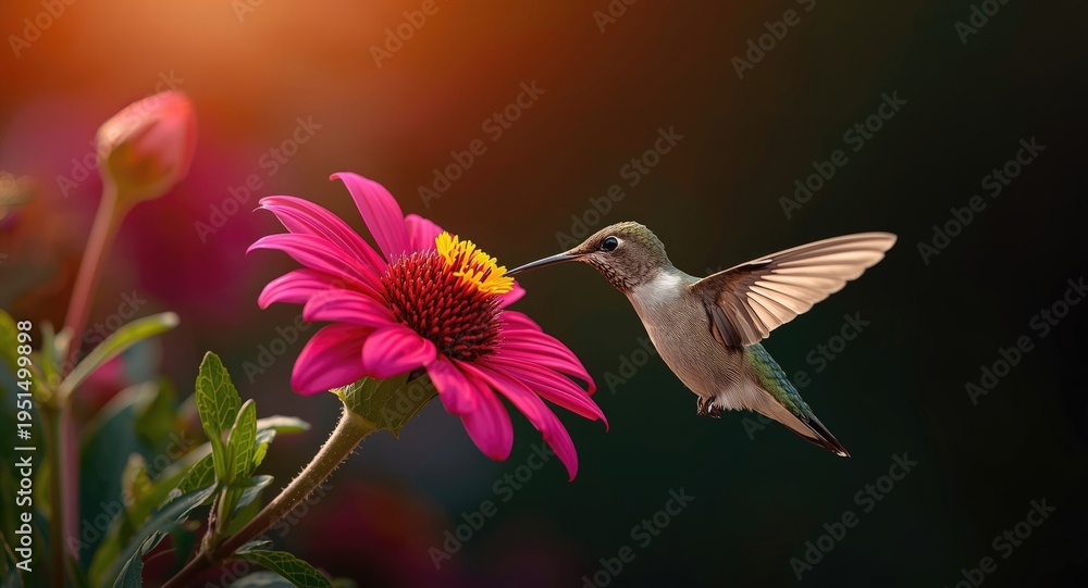 Fototapeta premium Energetic hummingbird feeding from a radiant flower in a colorful garden