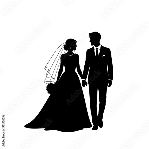 Silhouette of wedding couple holding hands.
