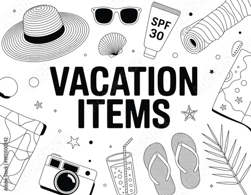 Summer vacation doodle set, black and white vector of hand drawn travel accessories for seaside trips, sun, sand, and summer holiday illustration collection.