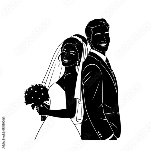 Smiling wedding couple standing back.