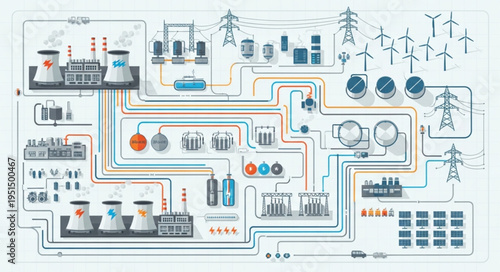 Detailed schematic of a modern energy grid with various power sources.
