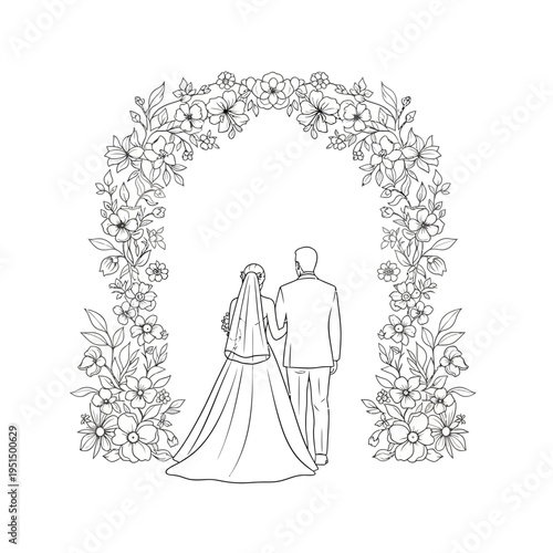 Wedding couple standing under floral arch.