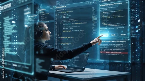 Programmer coding software laptop technology futuristic digital interface AI assistant working transparent coding interface data center with server racks blue lighting workspace innovation analysis